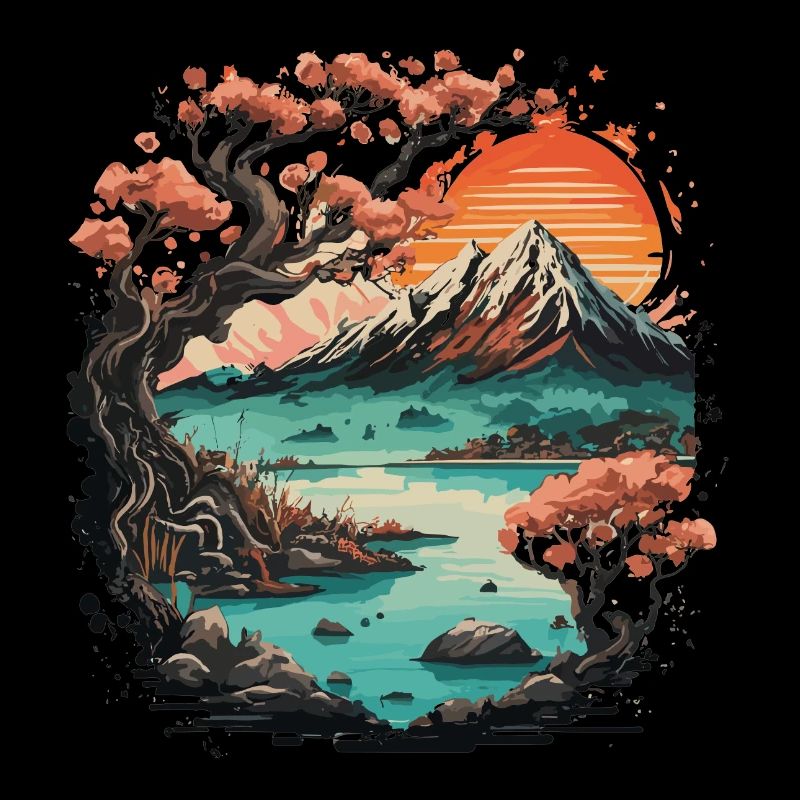 Montagne de style japonais avec des fleurs de sakura