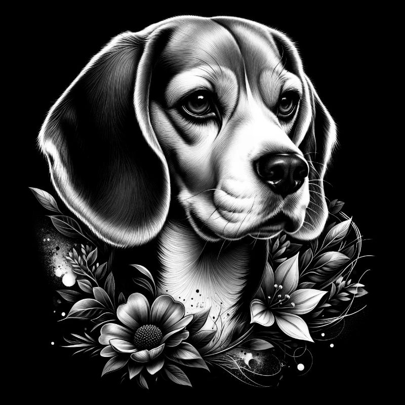 Beagle Portrait with Flowers in Realistic Style