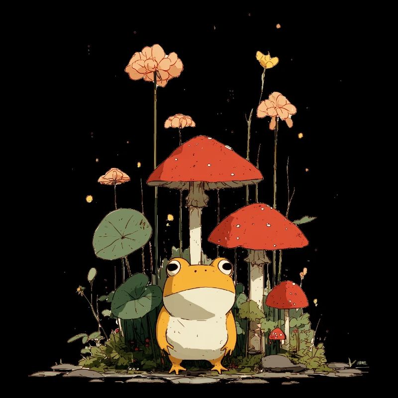 Frosch vor roten Pilzen im Wald