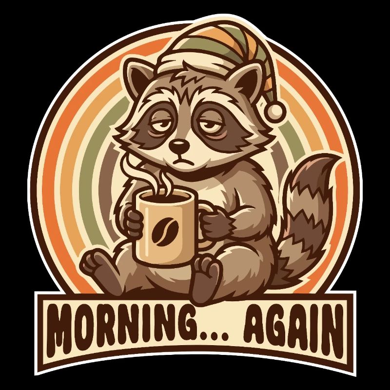 Morgenmuffel Waschbär mit Kaffee