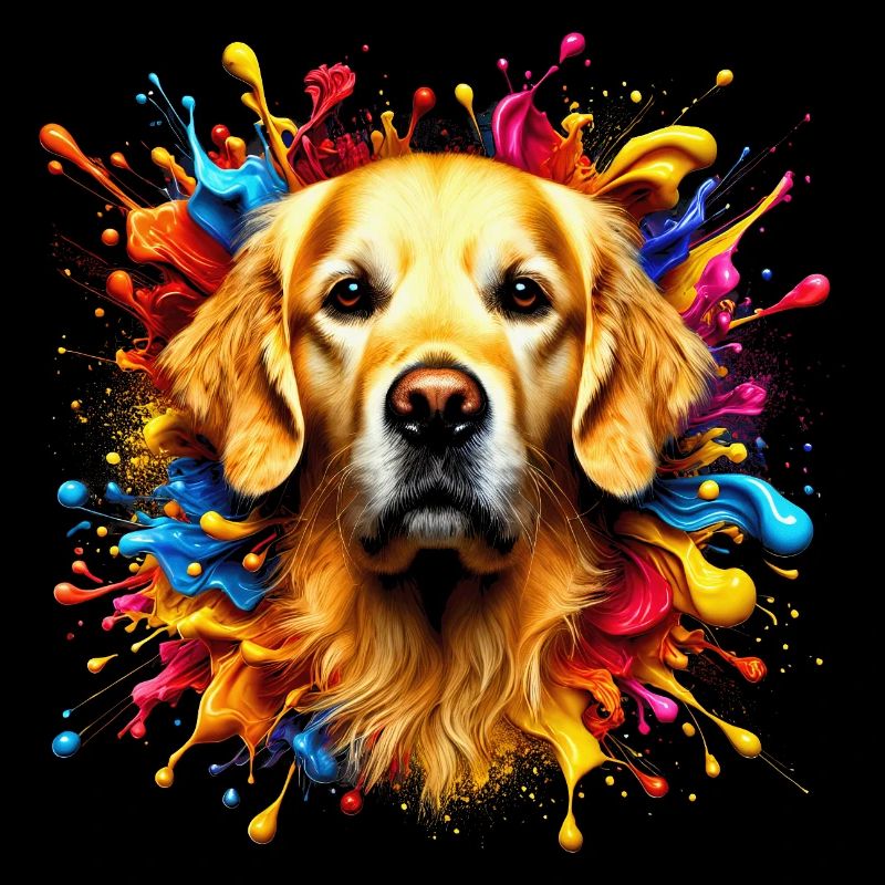 Süßer Golden Retriever mit bunten Farbklecksen
