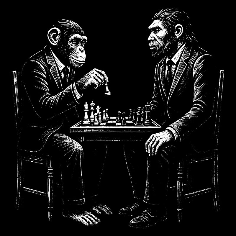 Un singe joue aux échecs avec un Homo erectus. Design amusant.