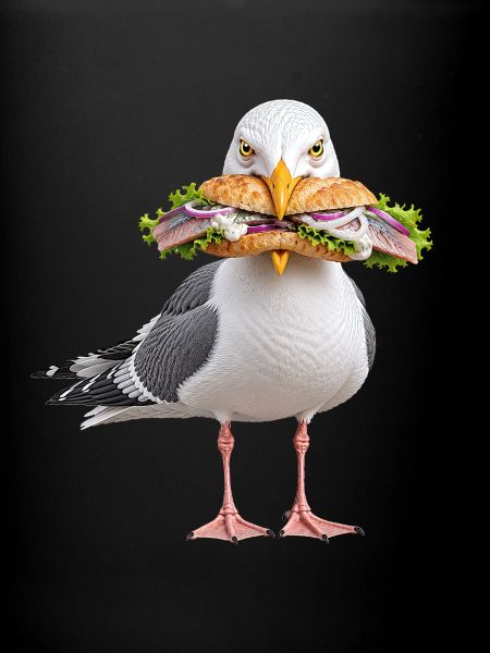 Silbermoewe-mit-Fischbroetchen Möwe