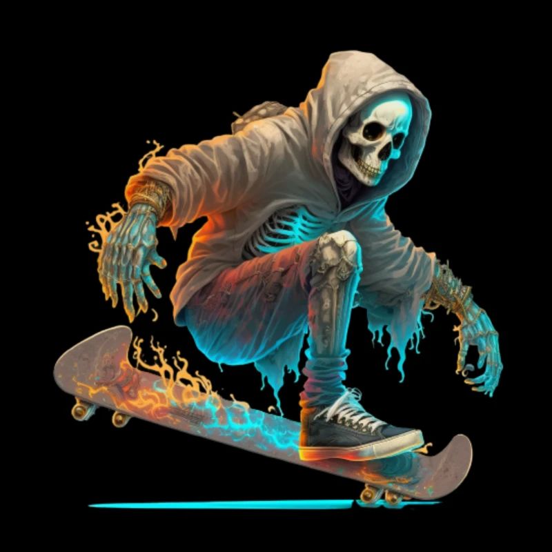 A skeleton with a hoodie riding a skateboard
