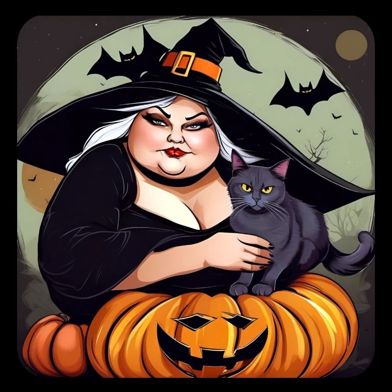 Grosse sorcière avec chat et jack-o'-lantern