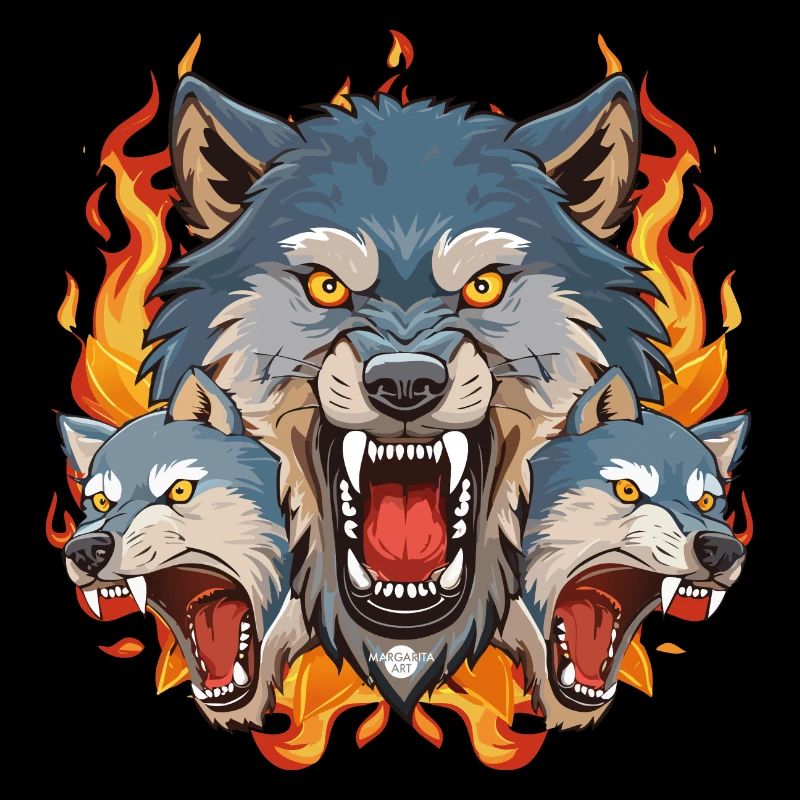 01 Bad Wolf Pack Wolves Head Fire Flames