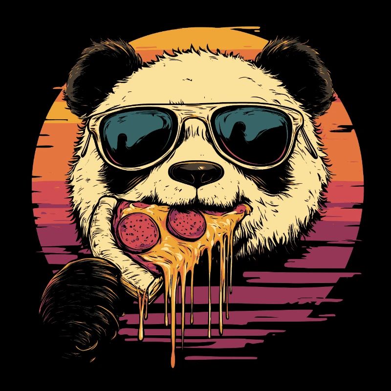 Panda mit Sonnenbrille isst Pizza