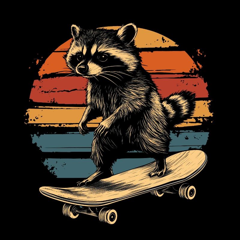 raton laveur sur skateboard vintage