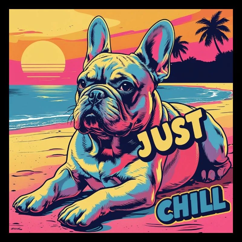Chien apaisant sur la plage avec Just Chill écrit dessus