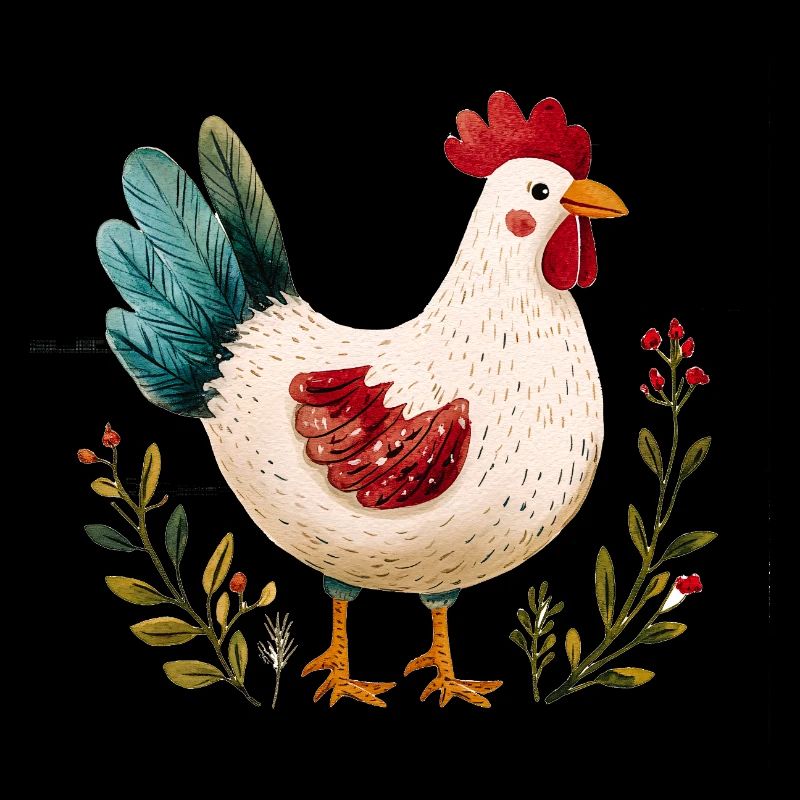 Rustikales Huhn Illustriert Blumen