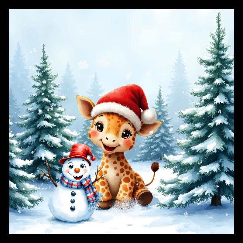 Christmas Giraffe in Winter Landscape