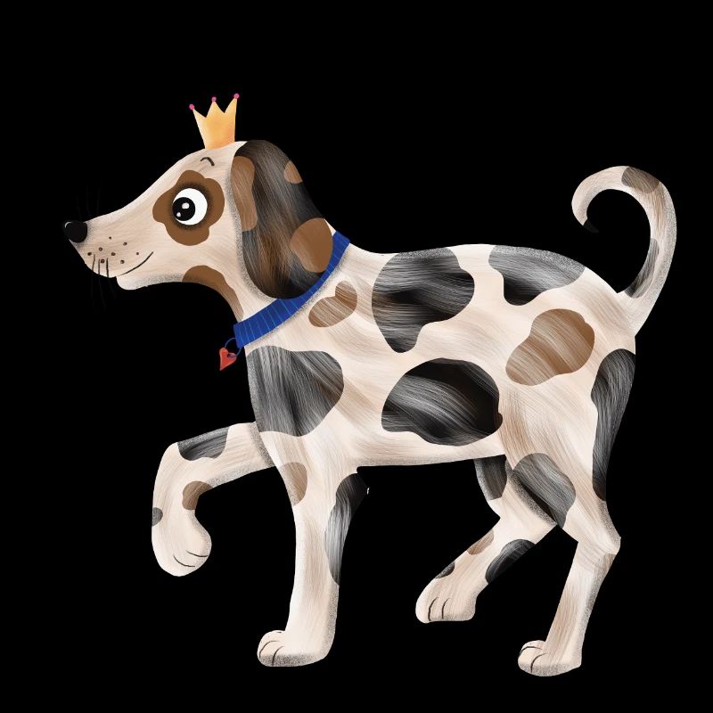 Drôle de chien avec une fourrure tachetée et une couronne