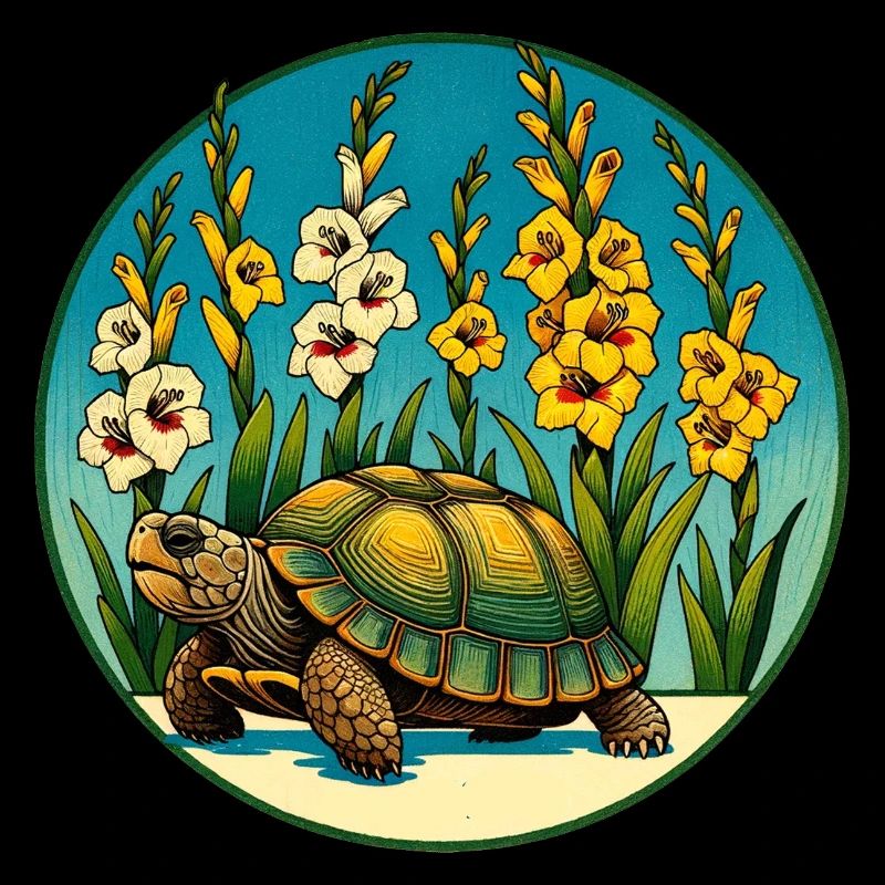 Sonnenbeschienene Schildkröte im Blumenbeet