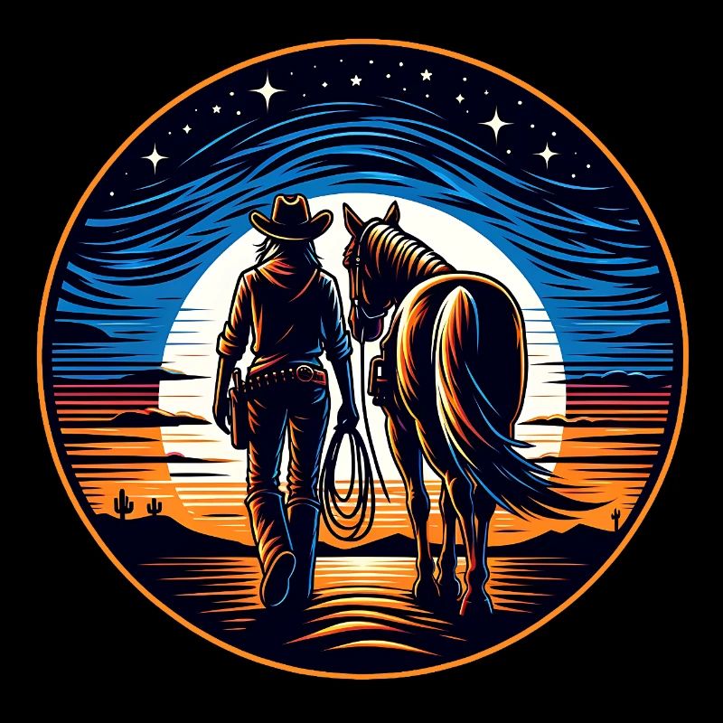 Western riders at sunset