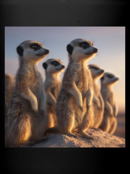 Wachsame Meerkatzen im Abendlicht Erdmännchen