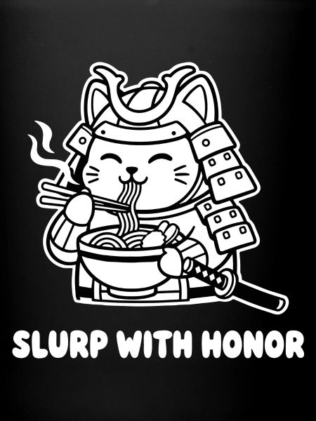 Samurai cat eating noodles