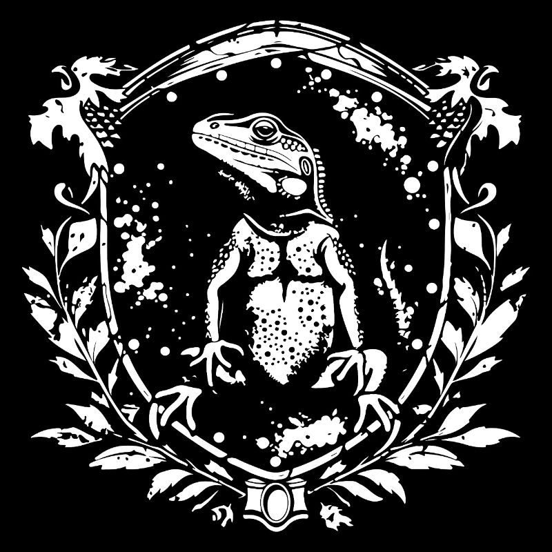 Iguane héraldique dans une couronne de feuilles
