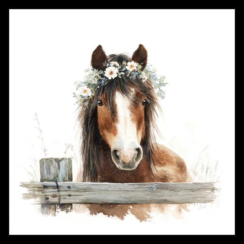 Cheval aquarelle avec couronne florale