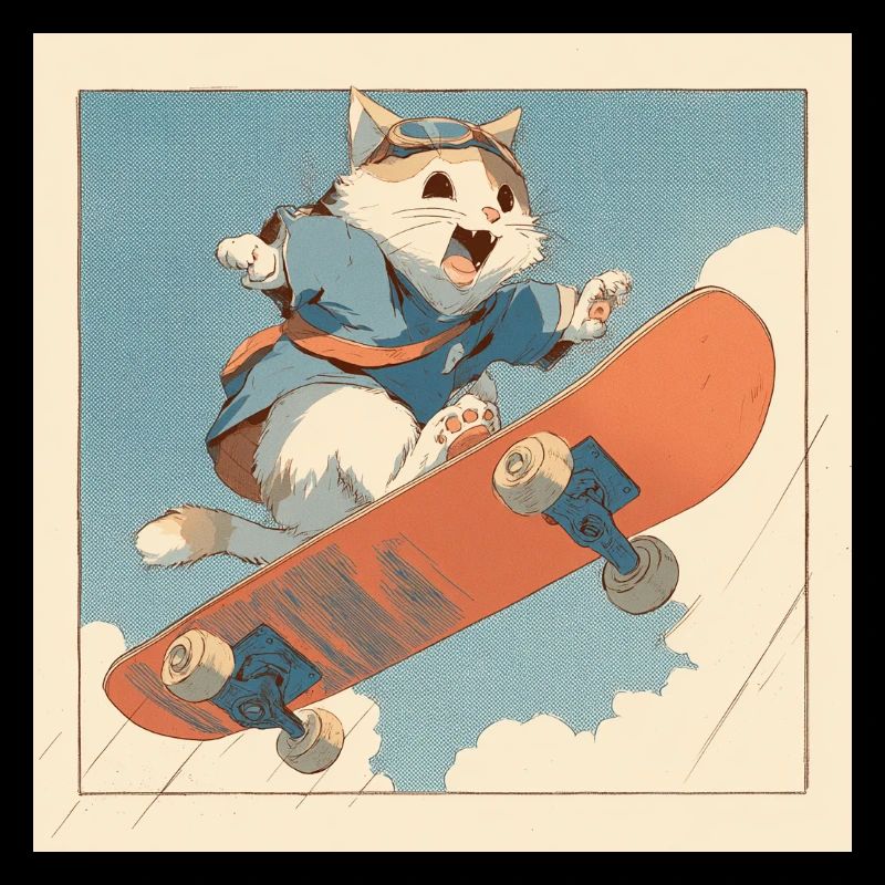 Un chat rétro skateboarder en vol