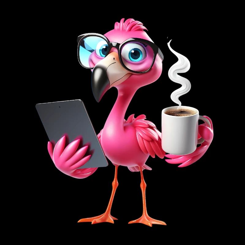 Flamingo in the office with tablet & coffee