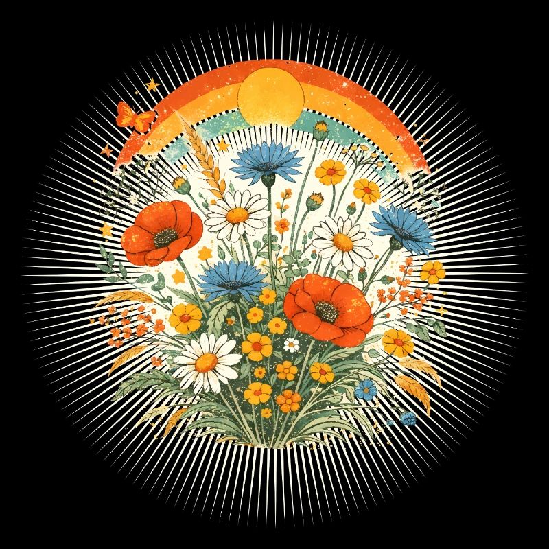 Bunte Wildblumen Retro Sonne Regenbogen Design 