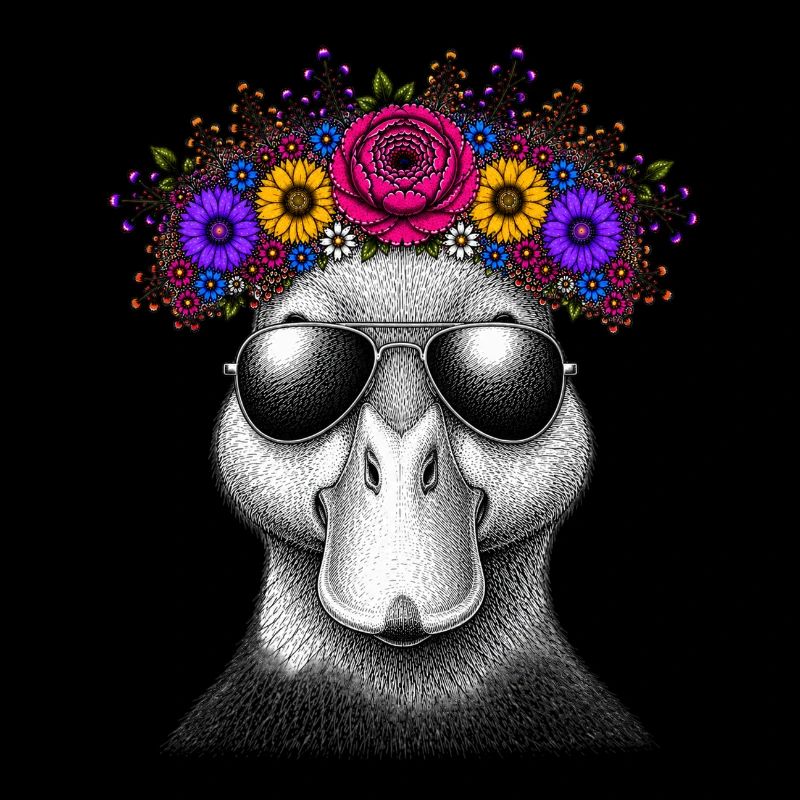 Ente mit Blumenkrone und Sonnenbrille