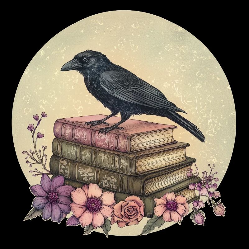Raven on stack of books