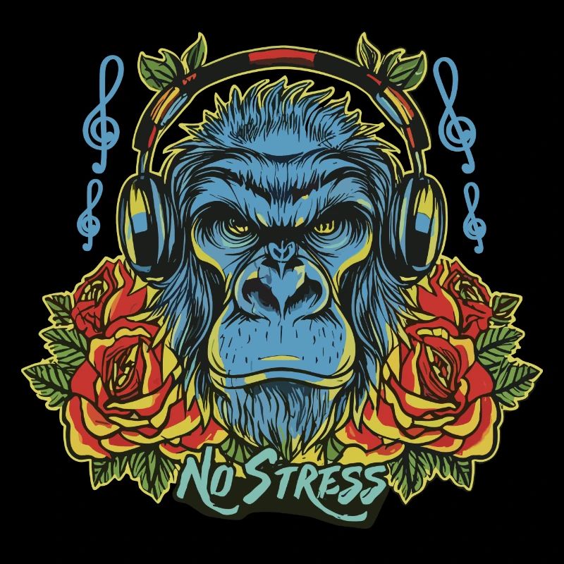 Gorilla mit Kopfhörer Lustiger Spruch NO STRESS