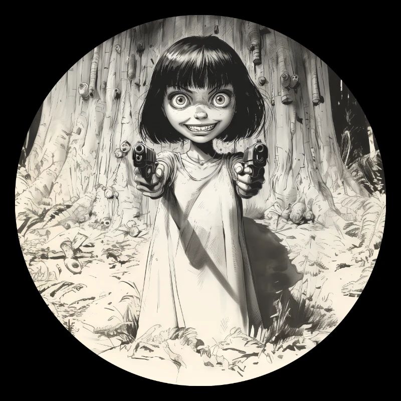 Mädchen mit Waffe im finsteren Wald