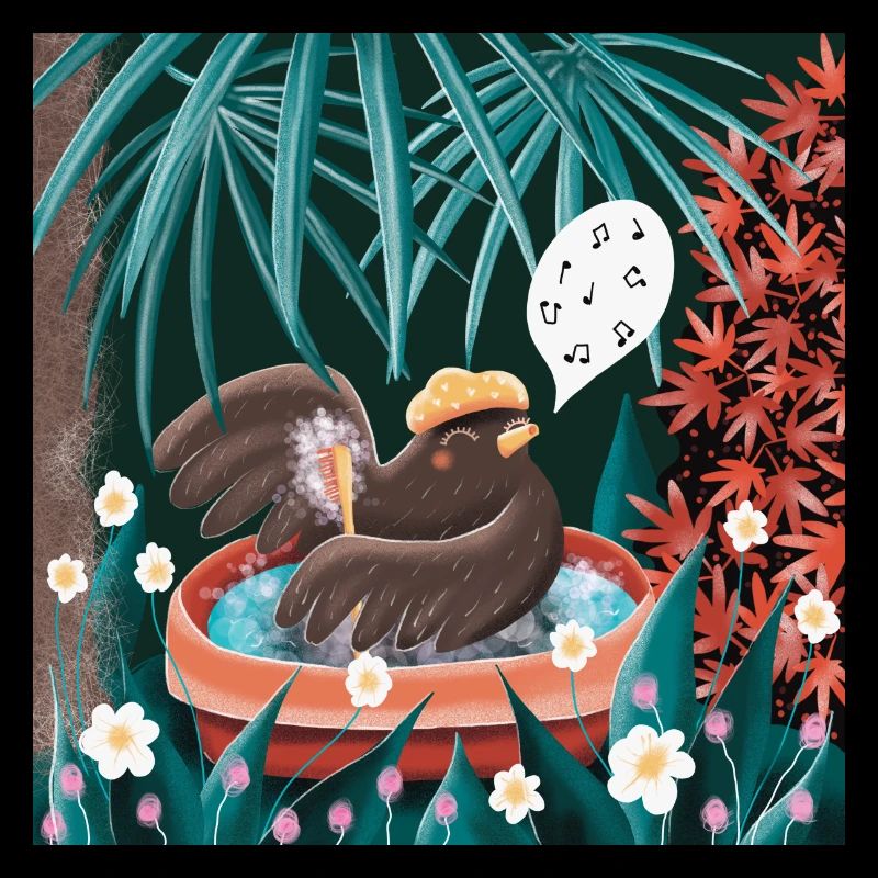 Singing blackbird bathing