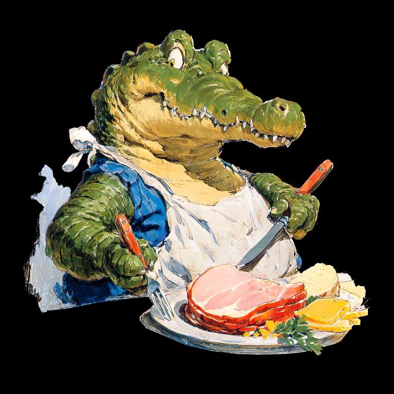 Alligator affamé avec steak dans l’assiette