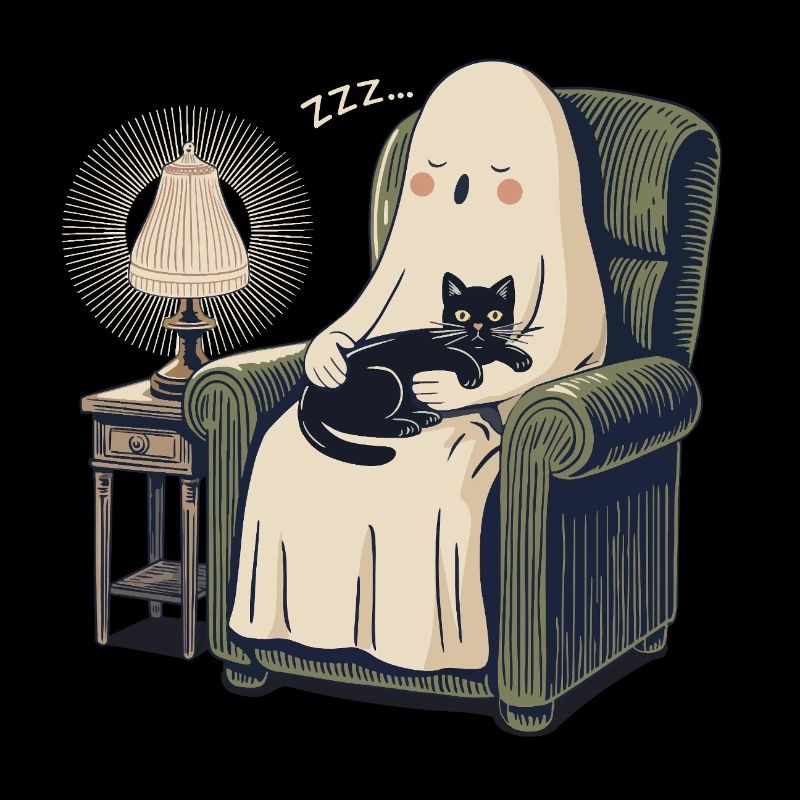 Fantôme et Chat endormis – Chat noir douillet et effrayant
