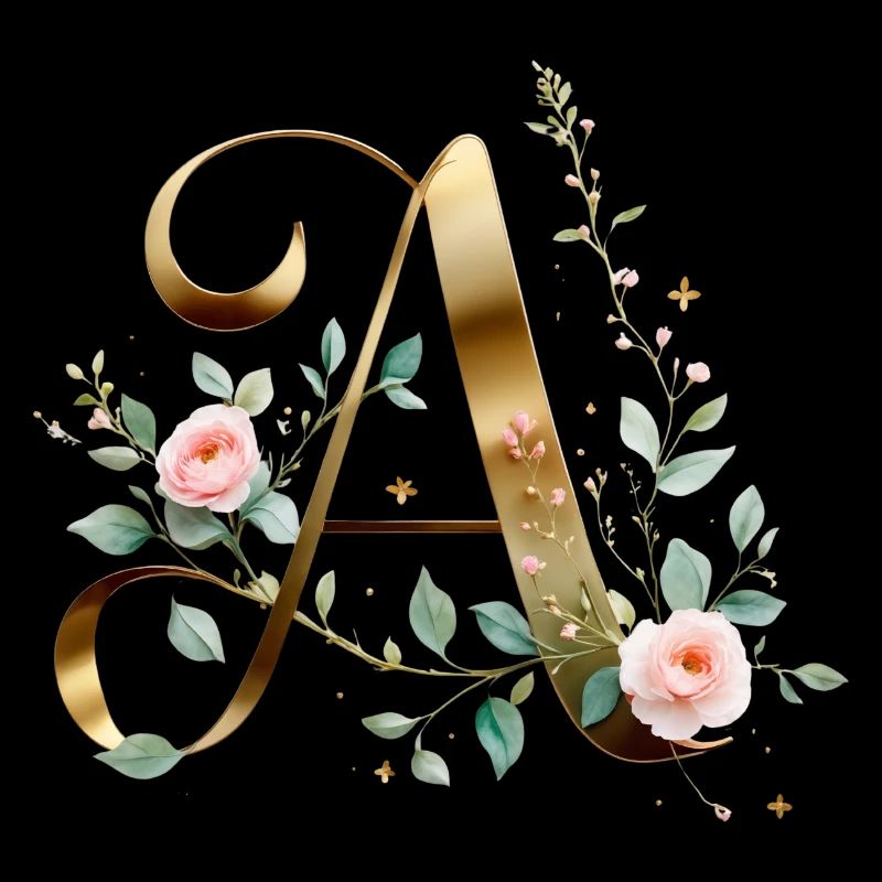 Letter A Gold and Roses - Floral Initial
