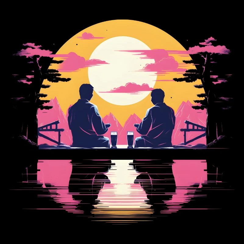Synthwave japon hommes traditionnels boivent du saké