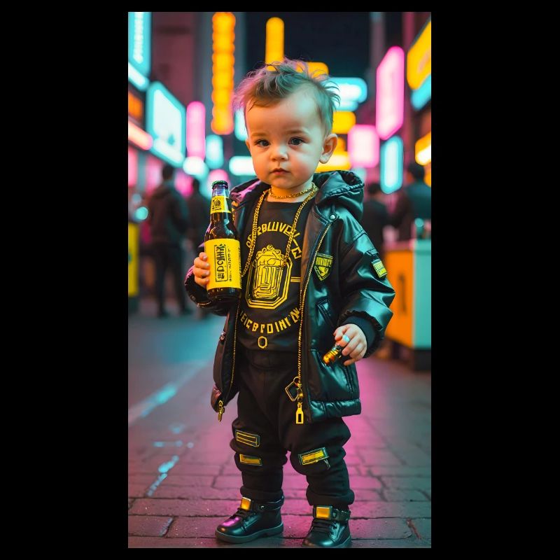 bébé mignon avec chaîne de cou dorée et biberon