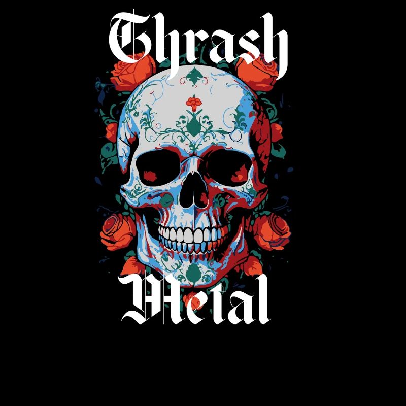 Thrash Metal Design mit Totenkopf und Rosen.