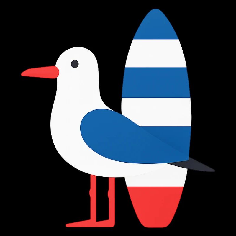 Mouette avec planche de surf