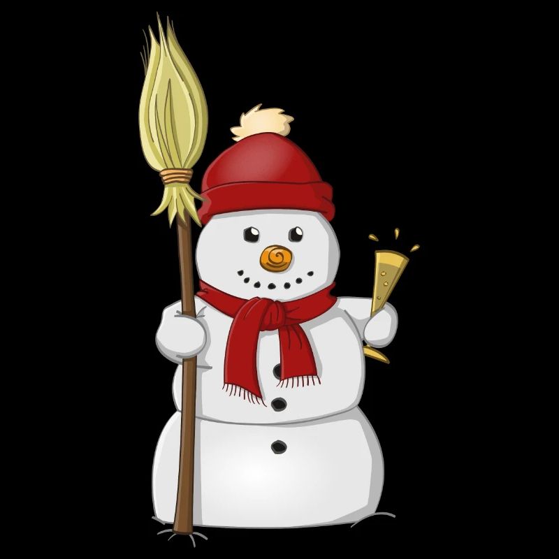 Fröhlicher Schneemann mit rotem Hut und Besenstiel