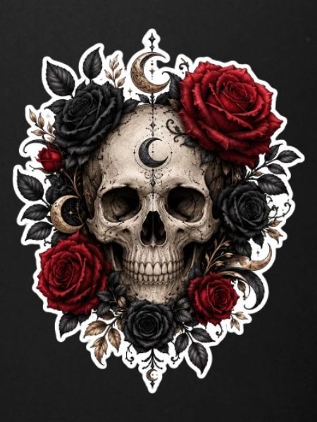 Moon Roses Skull Tattoo