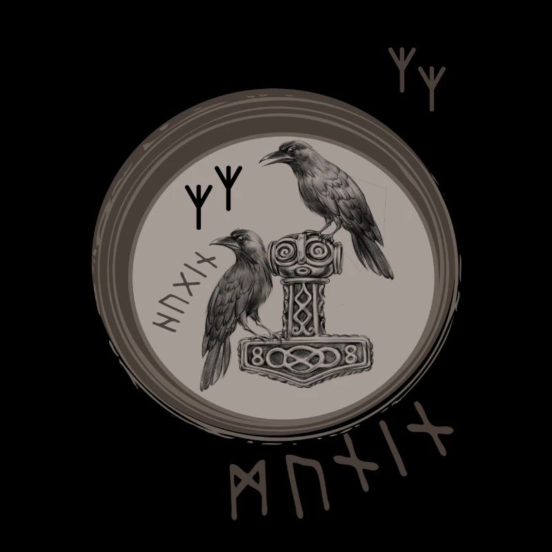 Thor Hammer Mjölnir with Odin Ravens Hugin and Munin