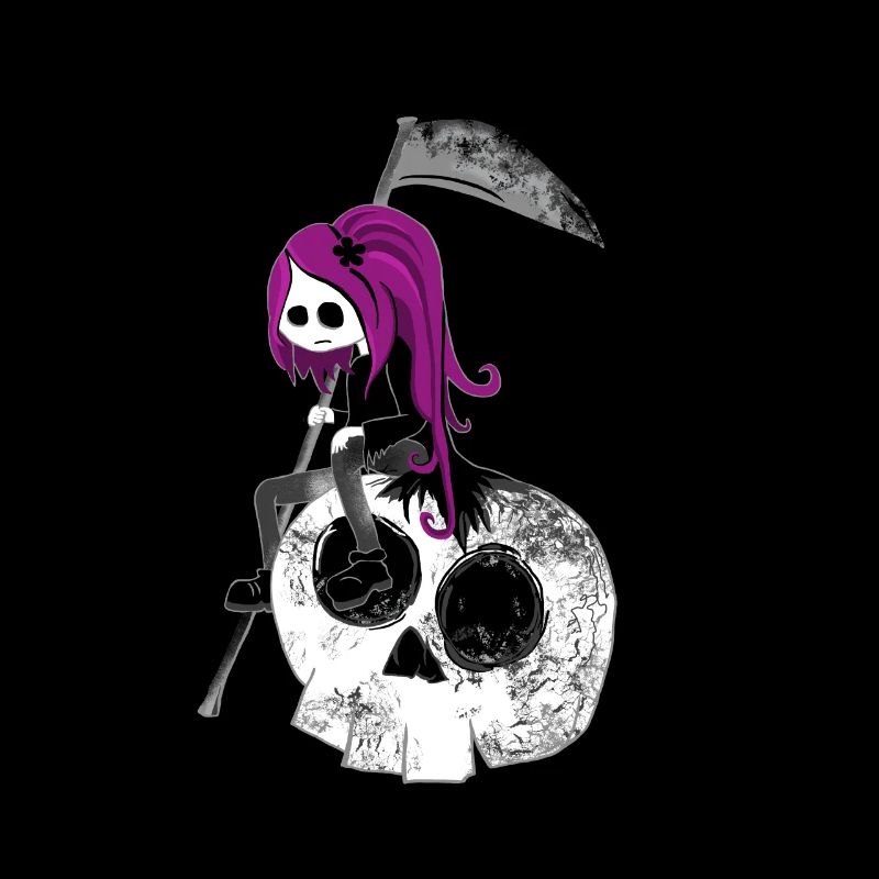 Gothic Mädchen mit Sense sitze auf Skull Halloween