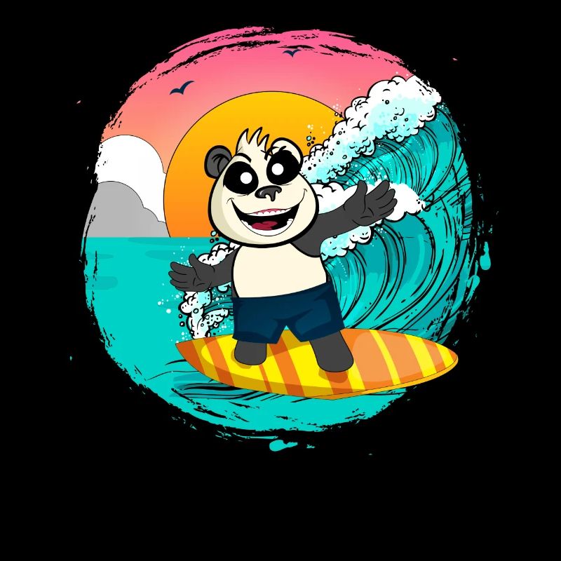 Panda Riding A Surfboard Catching Waves