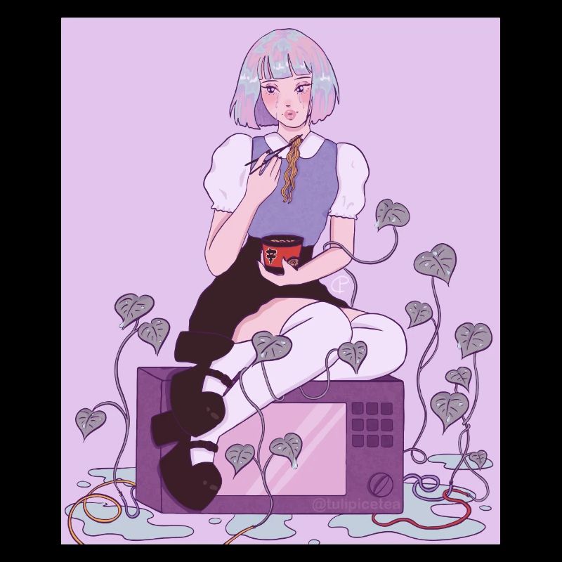 Anime Schulmädchen mit Ramen Mikrowelle Efeu