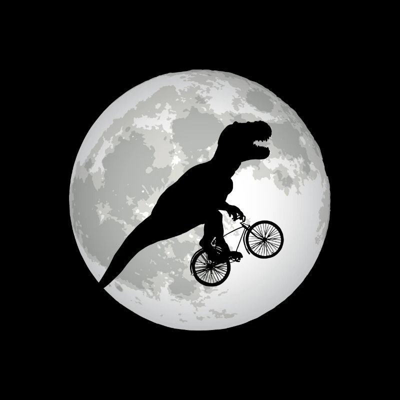 Funny Trex rides a bicycle in front of a full moon