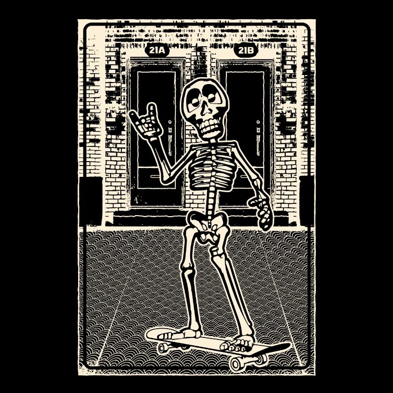 Squelette avec skateboard devant la maçonnerie de briques