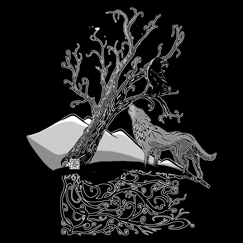 Wolf and raven at night