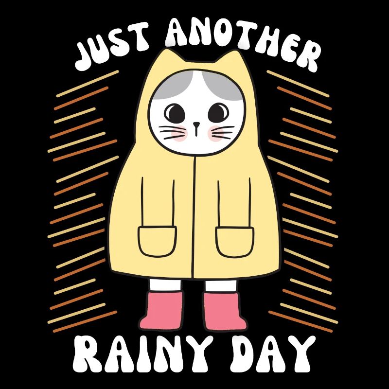 Chat avec imperméable et bottes en caoutchouc, disant