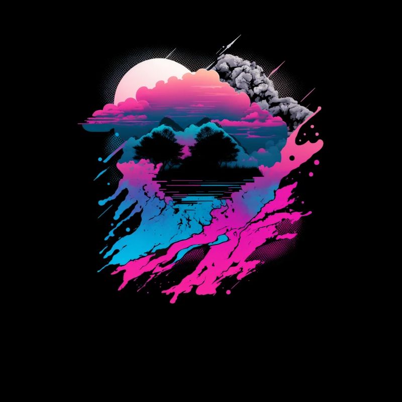 Vaporwave Abstract Landscape Moon Tree Waterfall