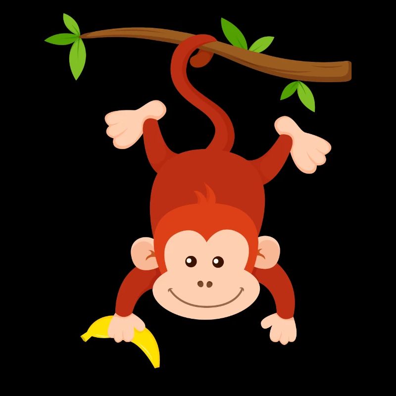 Un singe avec une banane pend à l’envers sur la branche de conception de singe