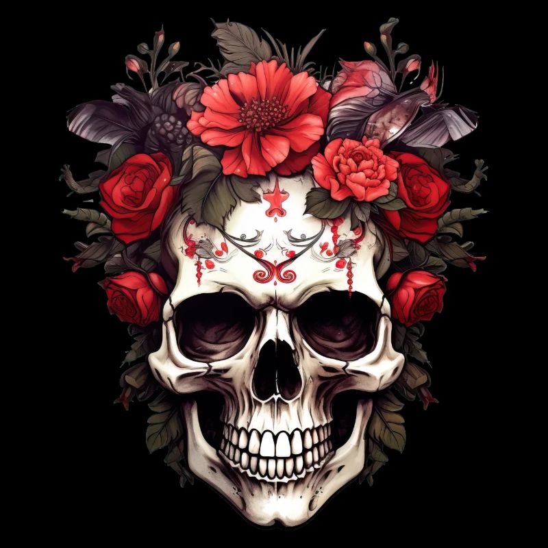 Goth Gothic Skull Horror Skull Red Flowers